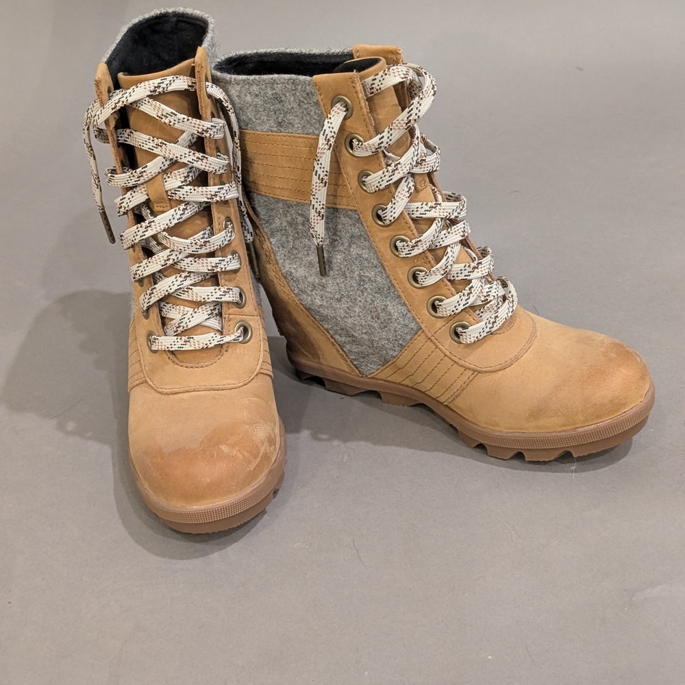 Cozy Chic Tan Lace-Up Boots with Gray Wool Panel Stylish Cold Weather Must Have